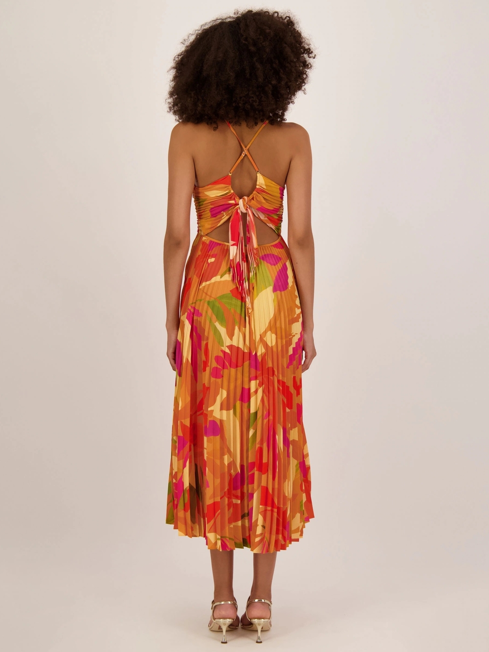Astr Blythe Orange Floral Pleated Midi Dress with Pink & Green Accents - Picture 2 of 6